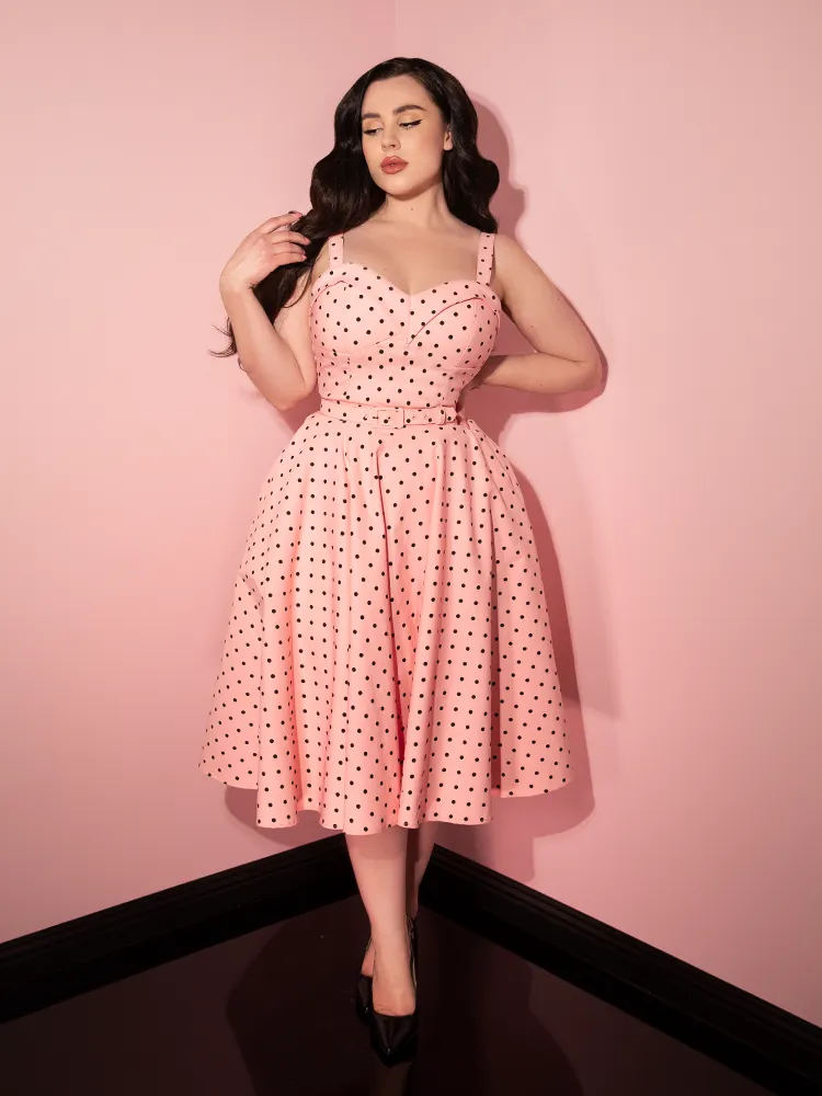 COMING BACK SOON - Maneater Swing Dress in Rose Pink Polka Dot - Vixen by Micheline Pitt