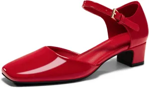 Coutgo Womens Chunky Low Heels Dress Shoes Ankle Buckle Strap Square Toe D'Orsay Pumps Work Party Shoes