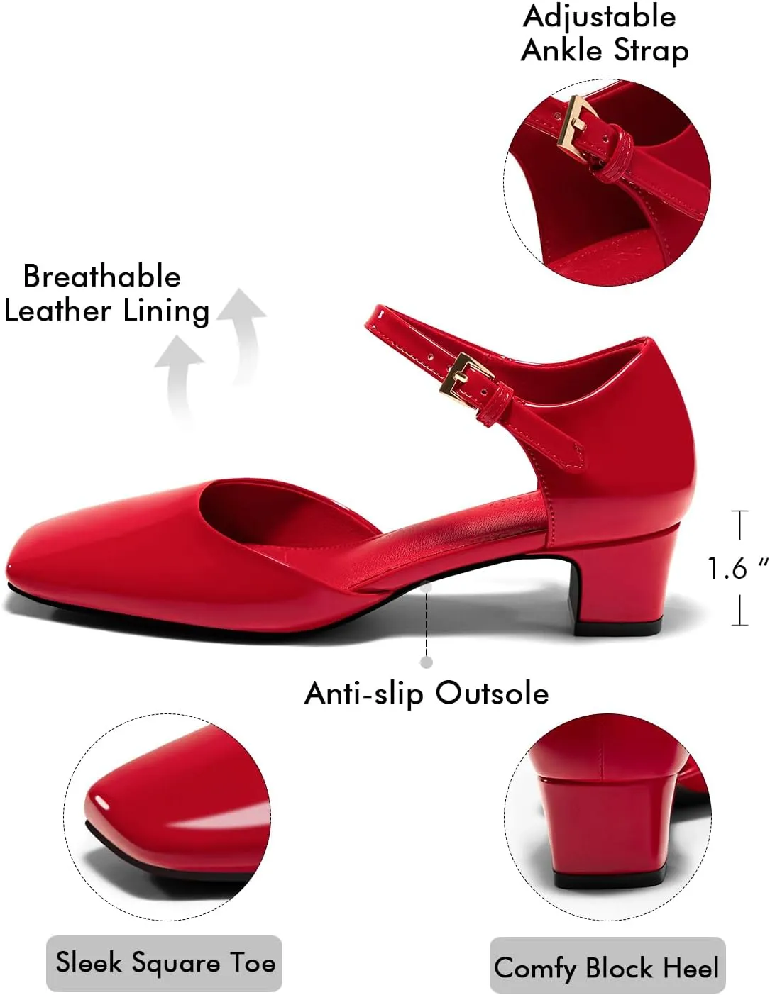 Coutgo Womens Chunky Low Heels Dress Shoes Ankle Buckle Strap Square Toe D'Orsay Pumps Work Party Shoes