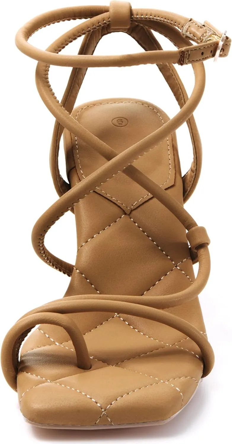 Coutgo Womens Strappy Square Toe Heels Sandals Lace Up Kitten Heeled Sandals Quilted Party Dress Shoes