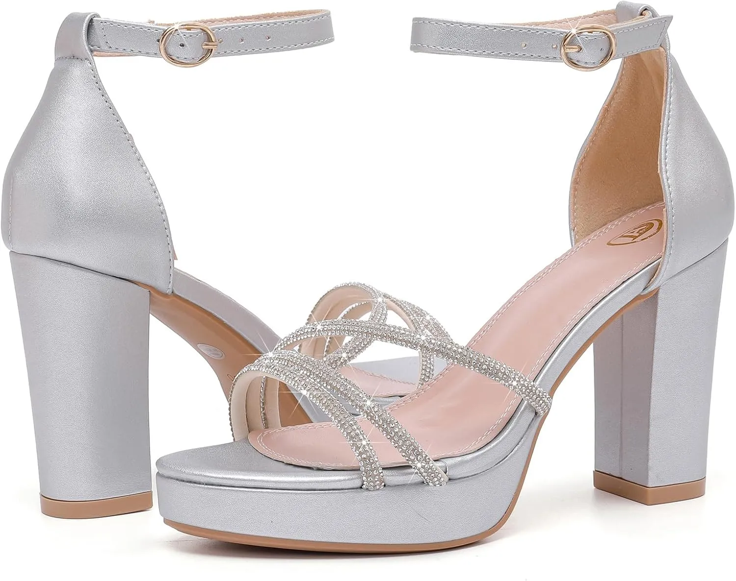 DADAWEN Platform Heels for Women Strappy Open Toe Rhinestone Block Chunky High heels Sandals Ankle Strap Heeled Sandals Wedding Party Dress Pumps Shoes