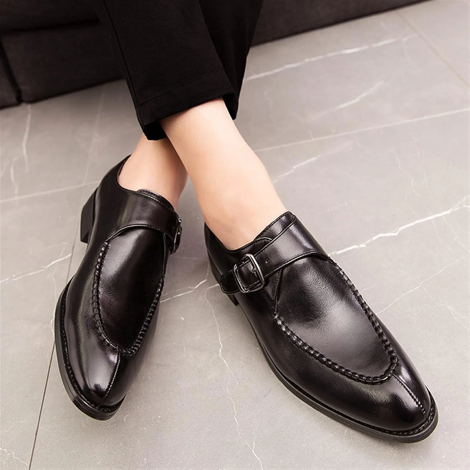 Dress Oxford Shoes for Men Slip On Monk Strap Split Toe Burnished Toe Vegan Leather Rubber Sole Non Slip Resistant Block Heel Low Top Walking