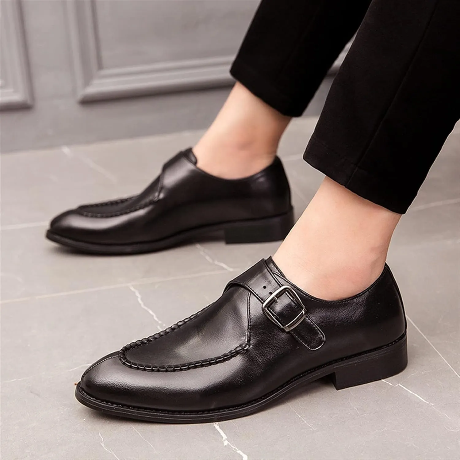 Dress Oxford Shoes for Men Slip On Monk Strap Split Toe Burnished Toe Vegan Leather Rubber Sole Non Slip Resistant Block Heel Low Top Walking