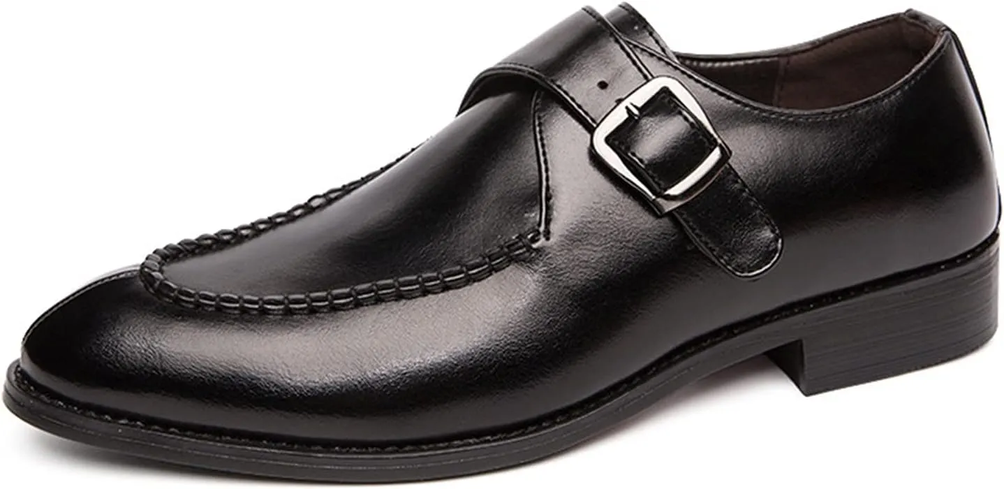 Dress Oxford Shoes for Men Slip On Monk Strap Split Toe Burnished Toe Vegan Leather Rubber Sole Non Slip Resistant Block Heel Low Top Walking