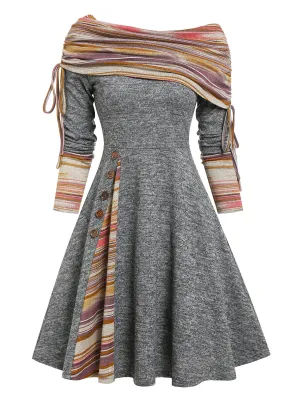 DressBetty - Convertible Striped Foldover Elegant Off-Shoulder Knitted Dresses