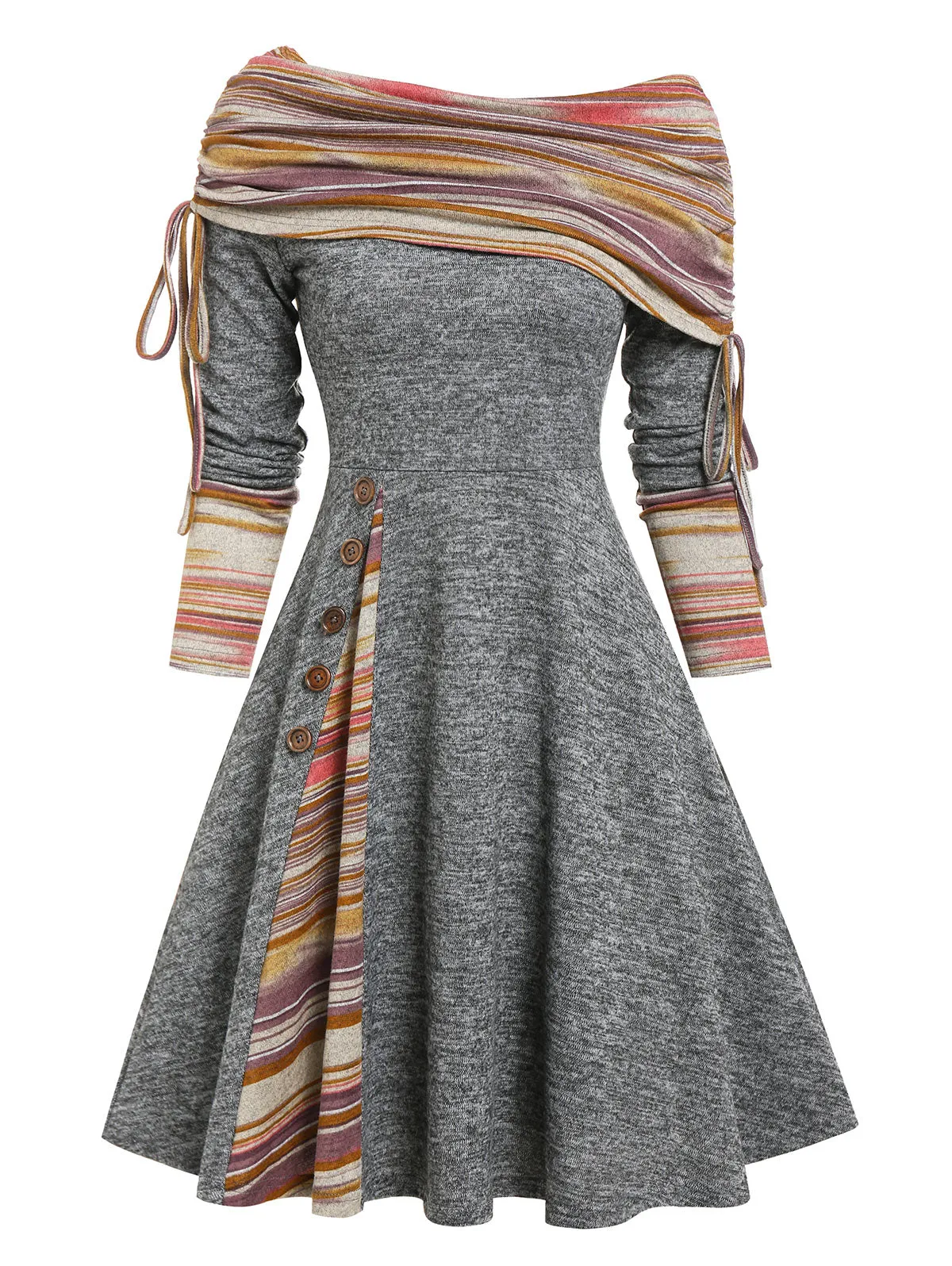 DressBetty - Convertible Striped Foldover Elegant Off-Shoulder Knitted Dresses