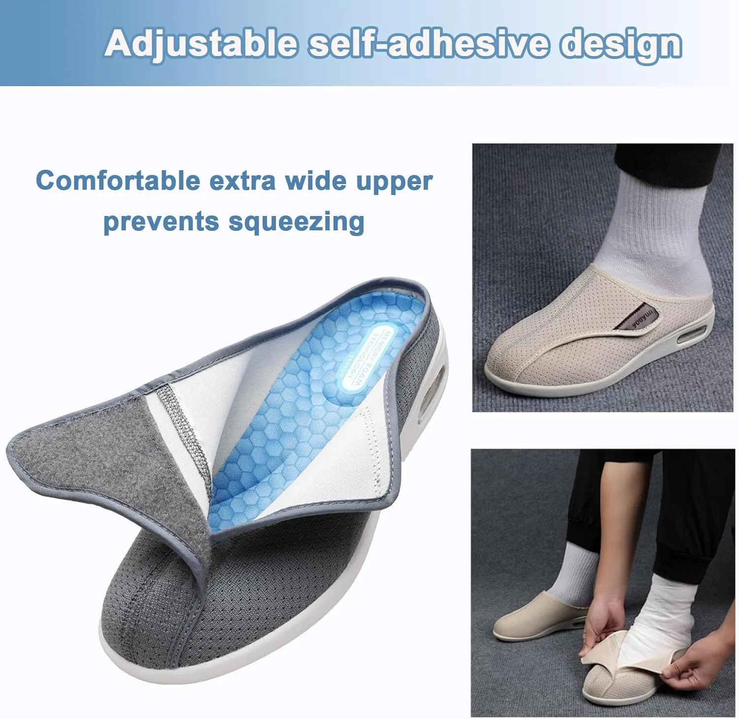 Elderly Sneakers for Swollen Feet Edema, Adjustable Extra Wide Walking Shoes for Men Women, Breathable Non-Slip Slip On Shoes(Men 6.5/Women 7,Off-White)