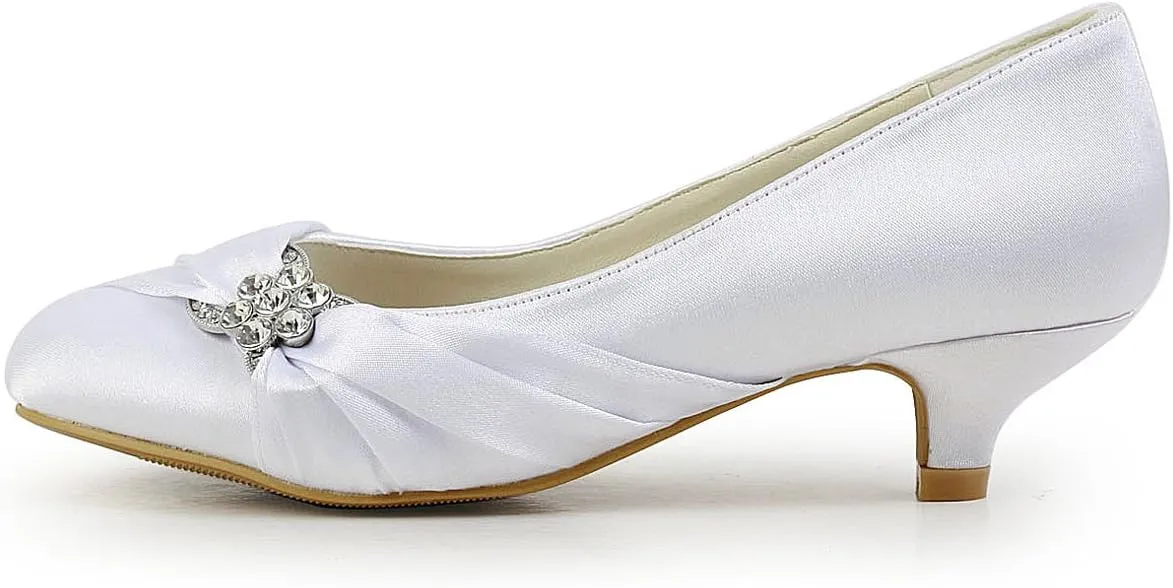 ELEGANTPARK Closed Toe Shoes for Women Low Heel Comfortable Wedding Shoes for Bride Satin Rhinestones Bridal Evening Prom Dress Pumps