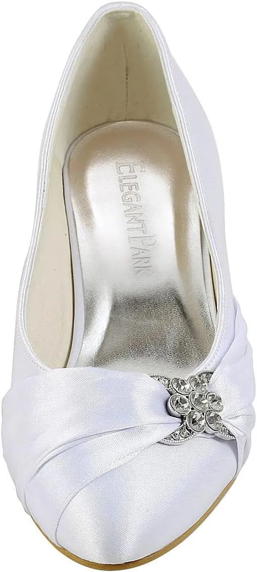 ELEGANTPARK Closed Toe Shoes for Women Low Heel Comfortable Wedding Shoes for Bride Satin Rhinestones Bridal Evening Prom Dress Pumps