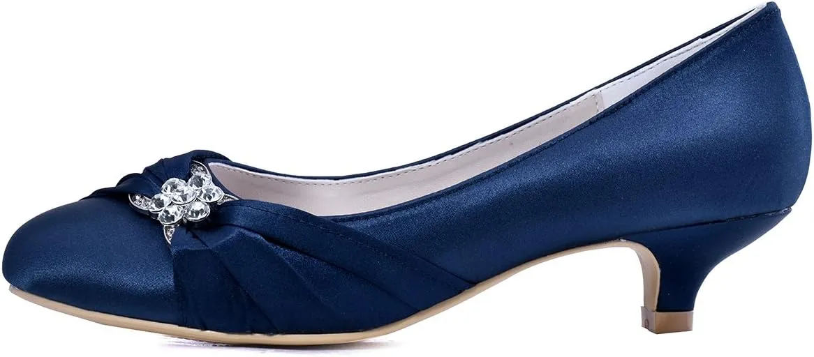 ELEGANTPARK Closed Toe Shoes for Women Low Heel Comfortable Wedding Shoes for Bride Satin Rhinestones Bridal Evening Prom Dress Pumps