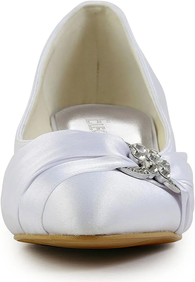 ELEGANTPARK Closed Toe Shoes for Women Low Heel Comfortable Wedding Shoes for Bride Satin Rhinestones Bridal Evening Prom Dress Pumps