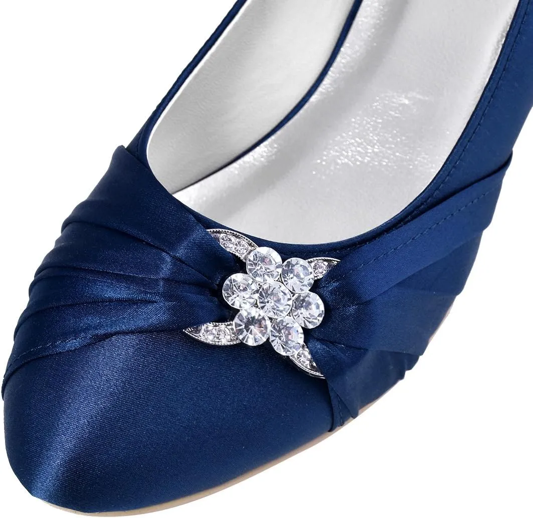 ELEGANTPARK Closed Toe Shoes for Women Low Heel Comfortable Wedding Shoes for Bride Satin Rhinestones Bridal Evening Prom Dress Pumps