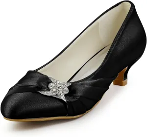 ELEGANTPARK Closed Toe Shoes for Women Low Heel Comfortable Wedding Shoes for Bride Satin Rhinestones Bridal Evening Prom Dress Pumps