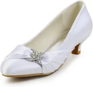 ELEGANTPARK Closed Toe Shoes for Women Low Heel Comfortable Wedding Shoes for Bride Satin Rhinestones Bridal Evening Prom Dress Pumps