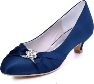 ELEGANTPARK Closed Toe Shoes for Women Low Heel Comfortable Wedding Shoes for Bride Satin Rhinestones Bridal Evening Prom Dress Pumps