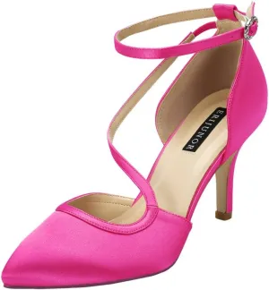 ERIJUNOR Women Comfortable Mid Heel Ankle Strappy Dress Pumps Pointed Toe Satin Wedding Evening Party Shoes