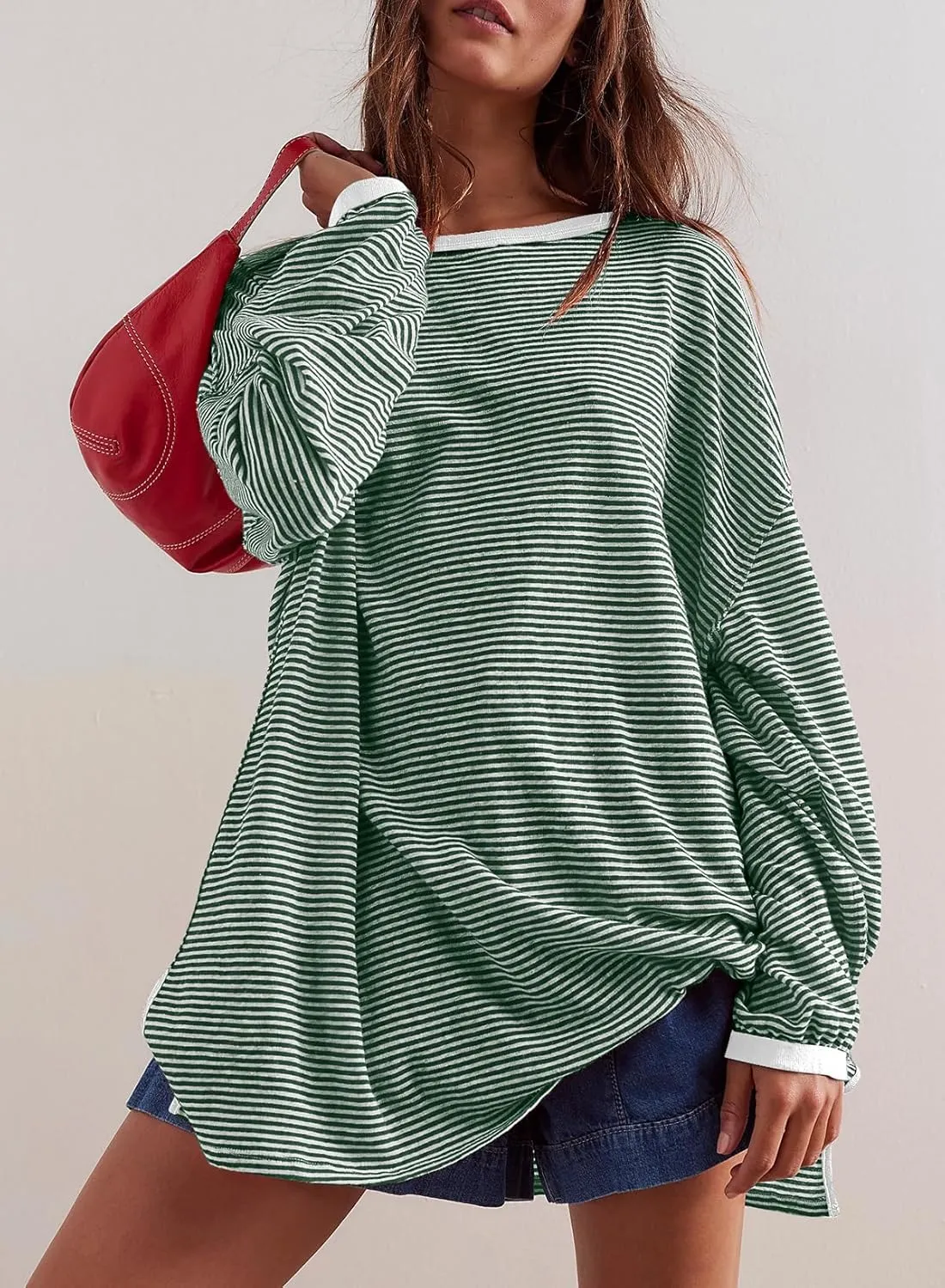 EVALESS Long Sleeve Shirts for Women Trendy Lightweight Crew Neck Striped Tee Shirt Top