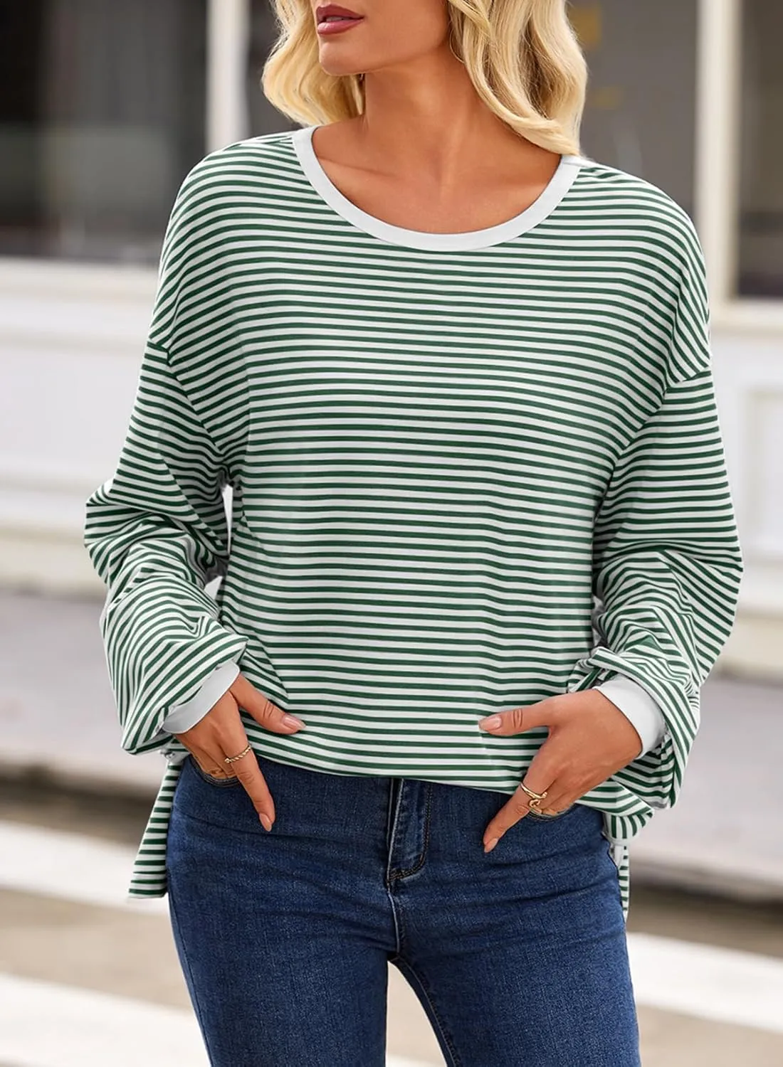 EVALESS Long Sleeve Shirts for Women Trendy Lightweight Crew Neck Striped Tee Shirt Top