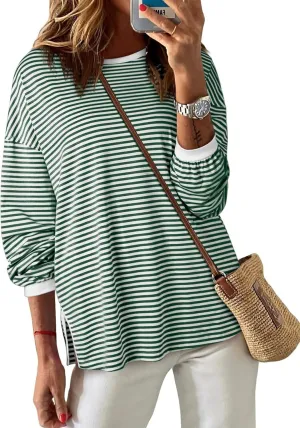 EVALESS Long Sleeve Shirts for Women Trendy Lightweight Crew Neck Striped Tee Shirt Top
