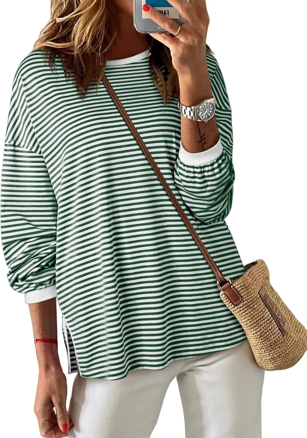 EVALESS Long Sleeve Shirts for Women Trendy Lightweight Crew Neck Striped Tee Shirt Top