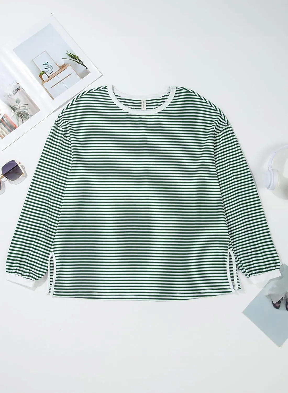 EVALESS Long Sleeve Shirts for Women Trendy Lightweight Crew Neck Striped Tee Shirt Top