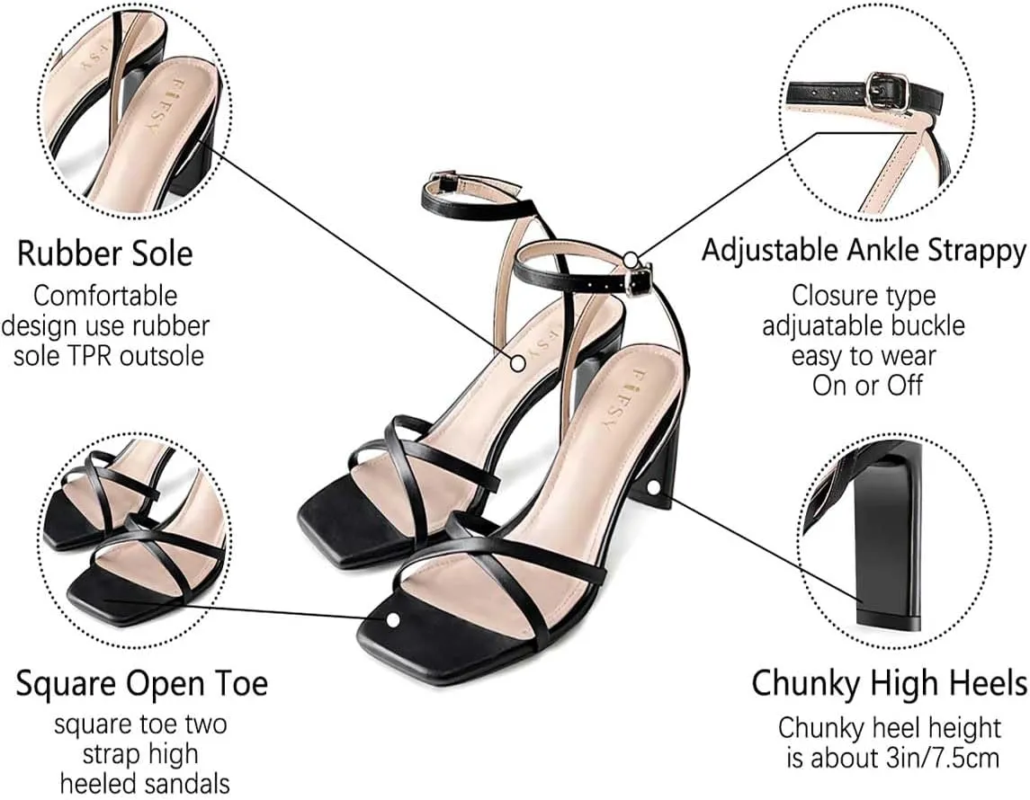 FIFSY Women's Sandals Ankle Strap High Heel Sexy Strappy Sandals Open Toe Heels 3 in Inch Square Toe Heeled Pumps Sandals for Women