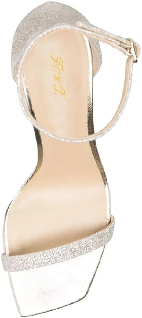 FOWT Women Glitter Ankle Strap Heeled Sandals Classic Square Open Toe Stiletto High Heels Buckle Party Wedding Bridal Summer Dress Shoes Size 4-15 US