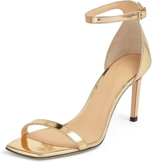 FOWT Women Glitter Ankle Strap Heeled Sandals Classic Square Open Toe Stiletto High Heels Buckle Party Wedding Bridal Summer Dress Shoes Size 4-15 US