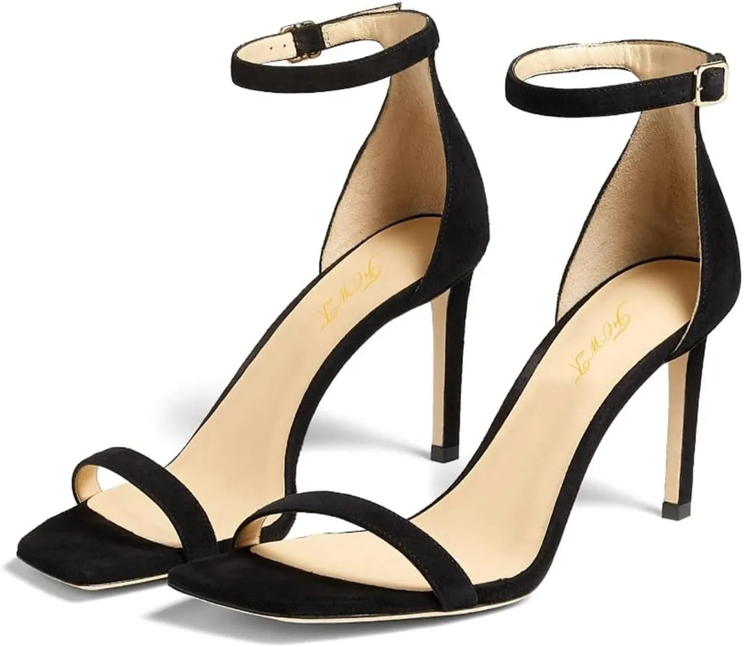 FOWT Women Glitter Ankle Strap Heeled Sandals Classic Square Open Toe Stiletto High Heels Buckle Party Wedding Bridal Summer Dress Shoes Size 4-15 US