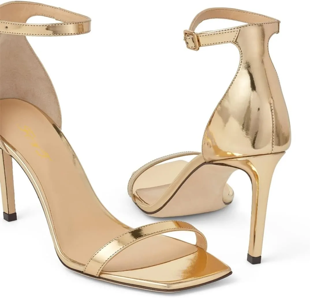 FOWT Women Glitter Ankle Strap Heeled Sandals Classic Square Open Toe Stiletto High Heels Buckle Party Wedding Bridal Summer Dress Shoes Size 4-15 US