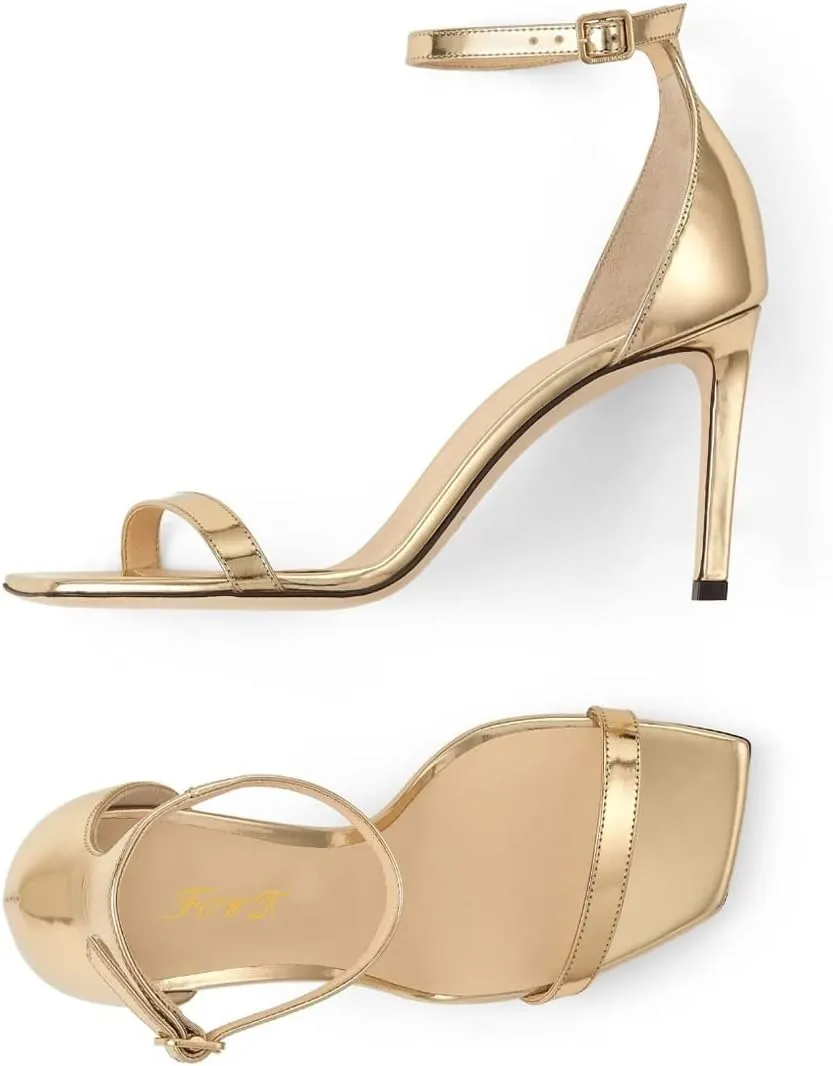 FOWT Women Glitter Ankle Strap Heeled Sandals Classic Square Open Toe Stiletto High Heels Buckle Party Wedding Bridal Summer Dress Shoes Size 4-15 US