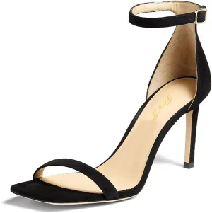 FOWT Women Glitter Ankle Strap Heeled Sandals Classic Square Open Toe Stiletto High Heels Buckle Party Wedding Bridal Summer Dress Shoes Size 4-15 US