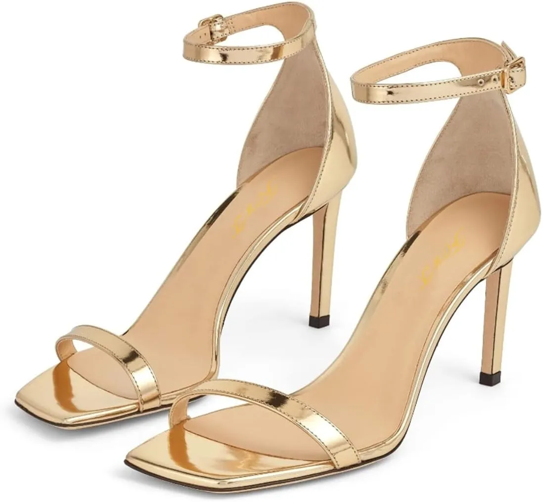 FOWT Women Glitter Ankle Strap Heeled Sandals Classic Square Open Toe Stiletto High Heels Buckle Party Wedding Bridal Summer Dress Shoes Size 4-15 US