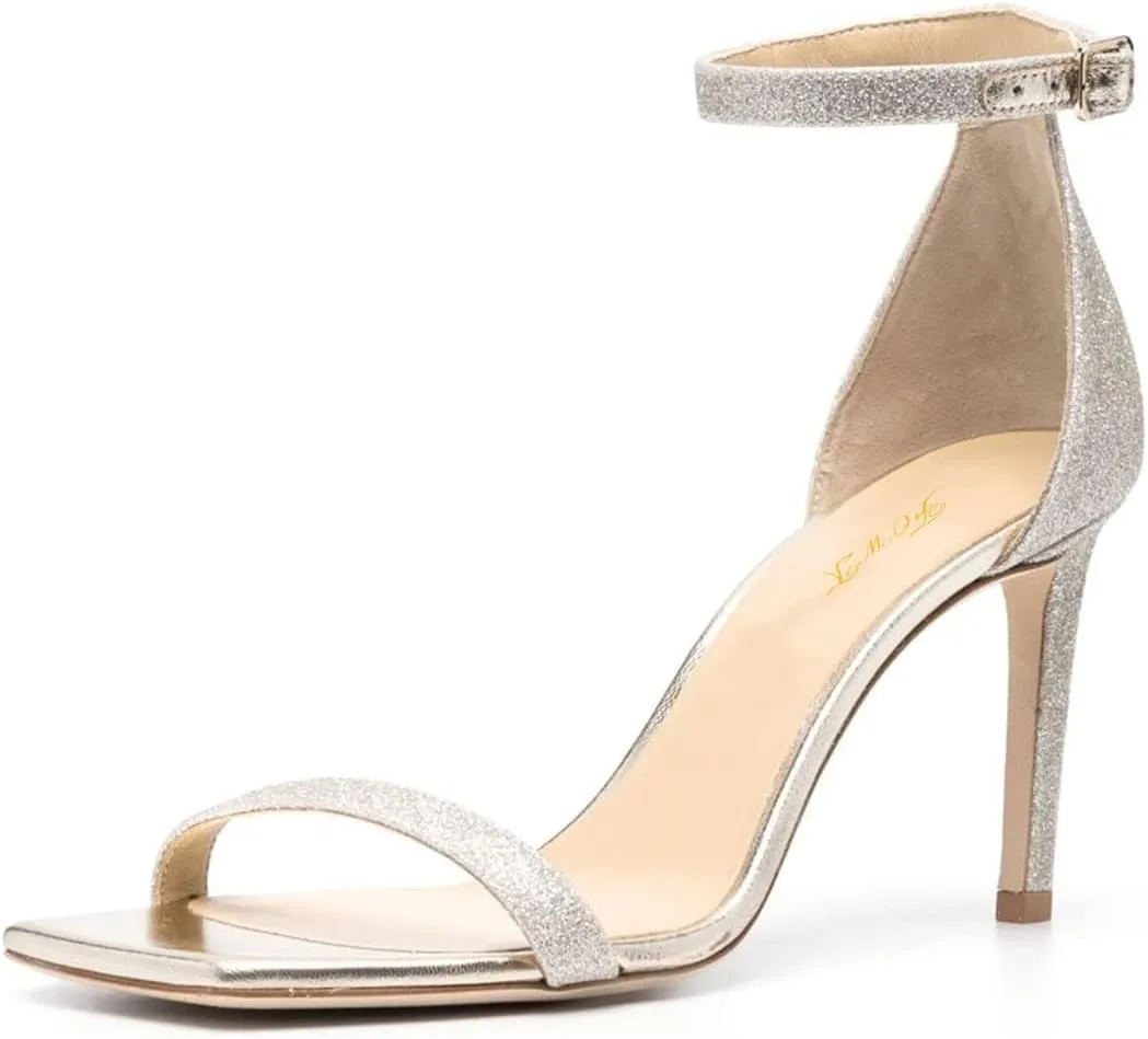 FOWT Women Glitter Ankle Strap Heeled Sandals Classic Square Open Toe Stiletto High Heels Buckle Party Wedding Bridal Summer Dress Shoes Size 4-15 US