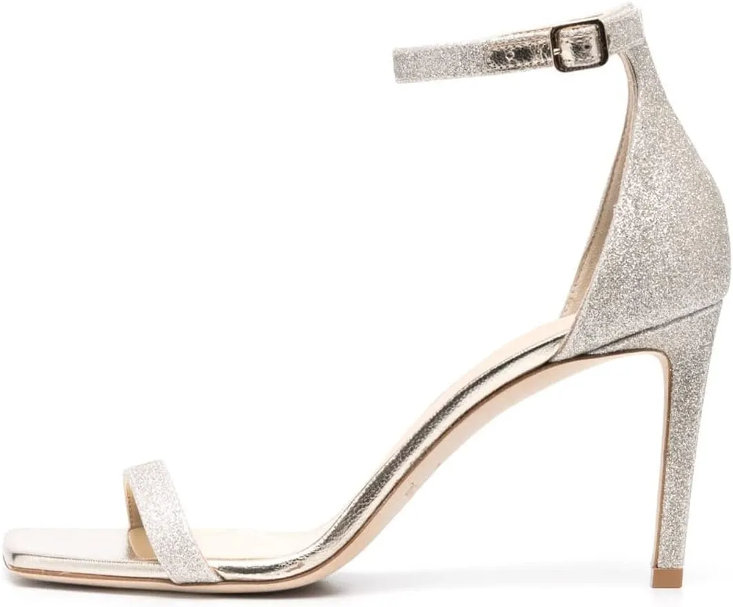 FOWT Women Glitter Ankle Strap Heeled Sandals Classic Square Open Toe Stiletto High Heels Buckle Party Wedding Bridal Summer Dress Shoes Size 4-15 US