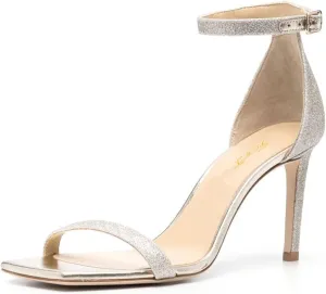 FOWT Women Glitter Ankle Strap Heeled Sandals Classic Square Open Toe Stiletto High Heels Buckle Party Wedding Bridal Summer Dress Shoes Size 4-15 US