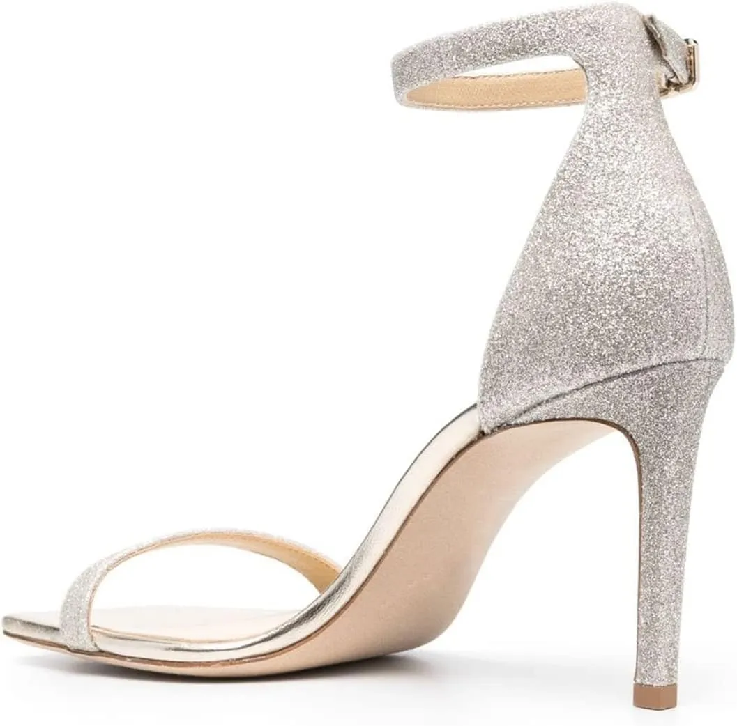 FOWT Women Glitter Ankle Strap Heeled Sandals Classic Square Open Toe Stiletto High Heels Buckle Party Wedding Bridal Summer Dress Shoes Size 4-15 US