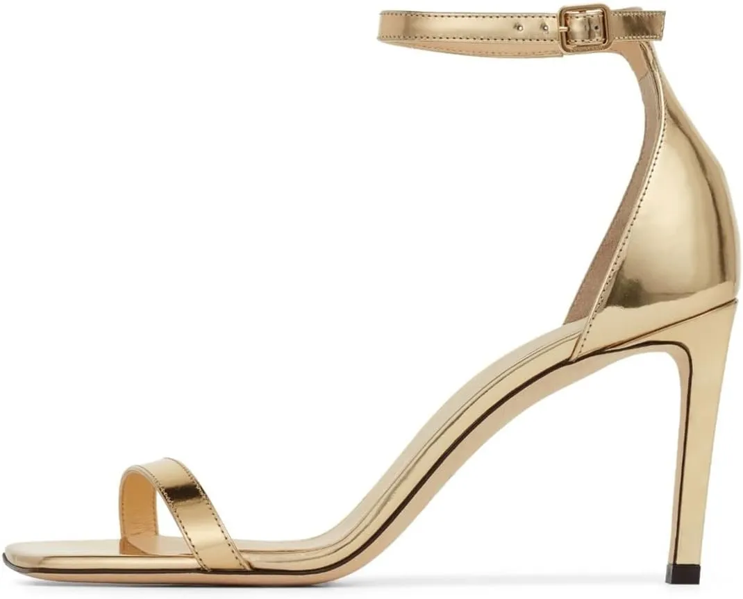 FOWT Women Glitter Ankle Strap Heeled Sandals Classic Square Open Toe Stiletto High Heels Buckle Party Wedding Bridal Summer Dress Shoes Size 4-15 US