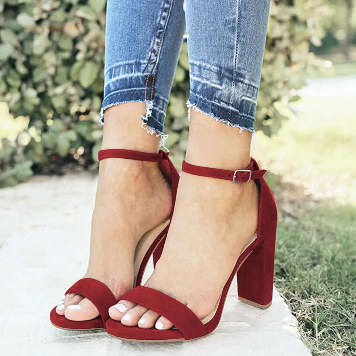 FSJ Women Classic Chunky High Heel Sandals Open Toe Ankle Strap Single Band Dress Shoe Size 4-15 US