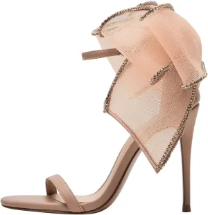 FSJ Women Cute Bow Heeled Sandals Open Toe Stiletto Heels One Strap Bridal Wedding Mesh Rhinestone Pearl Bow Knot Dress Shoes Size 4-16 US