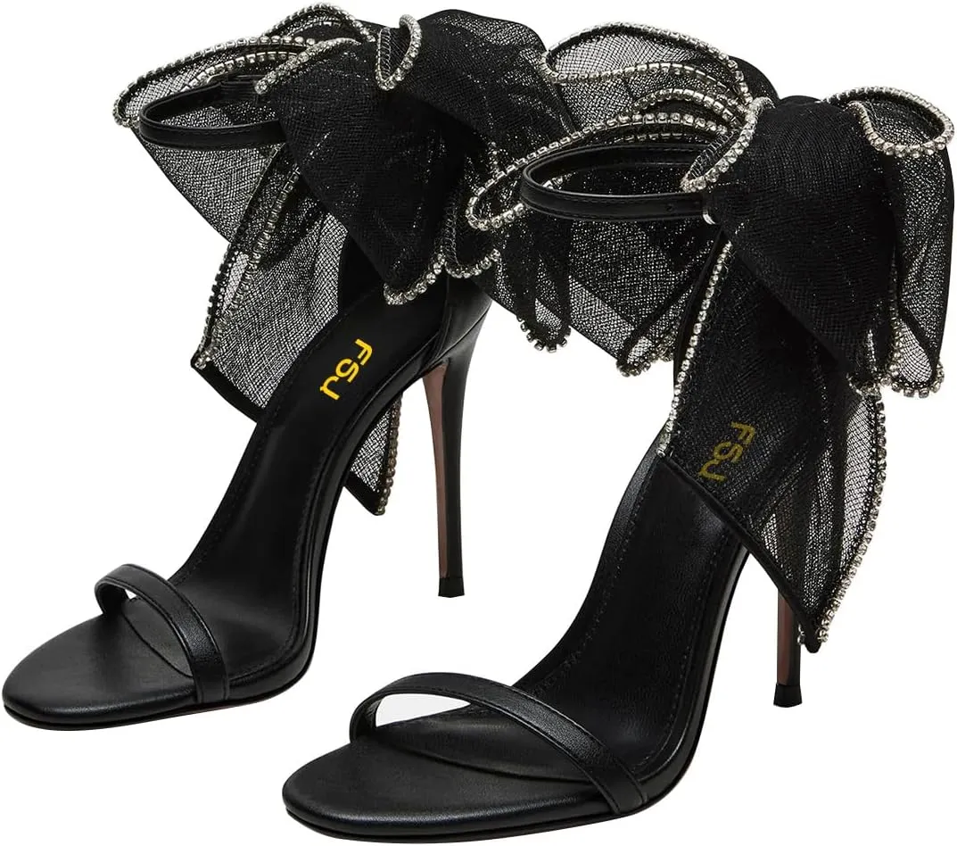 FSJ Women Cute Bow Heeled Sandals Open Toe Stiletto Heels One Strap Bridal Wedding Mesh Rhinestone Pearl Bow Knot Dress Shoes Size 4-16 US