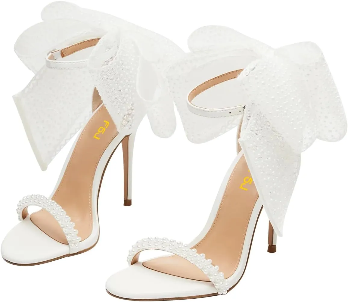 FSJ Women Cute Bow Heeled Sandals Open Toe Stiletto Heels One Strap Bridal Wedding Mesh Rhinestone Pearl Bow Knot Dress Shoes Size 4-16 US