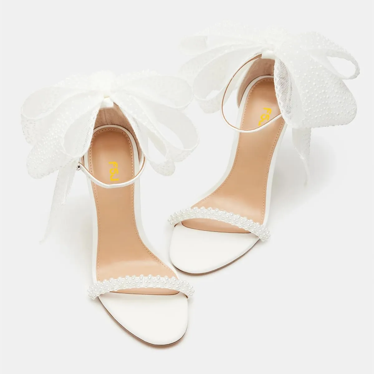 FSJ Women Cute Bow Heeled Sandals Open Toe Stiletto Heels One Strap Bridal Wedding Mesh Rhinestone Pearl Bow Knot Dress Shoes Size 4-16 US