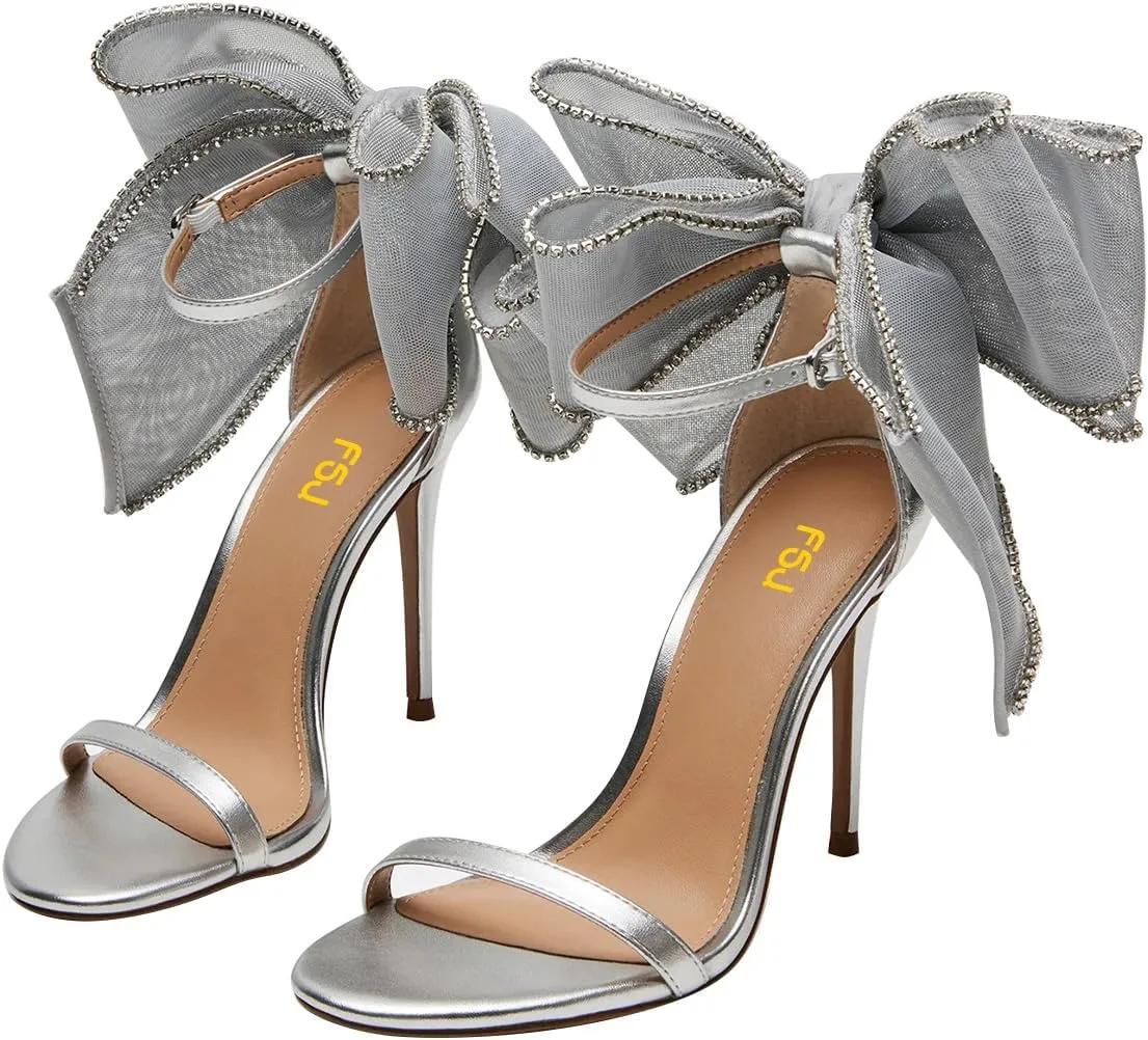FSJ Women Cute Bow Heeled Sandals Open Toe Stiletto Heels One Strap Bridal Wedding Mesh Rhinestone Pearl Bow Knot Dress Shoes Size 4-16 US