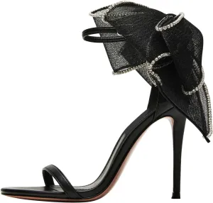 FSJ Women Cute Bow Heeled Sandals Open Toe Stiletto Heels One Strap Bridal Wedding Mesh Rhinestone Pearl Bow Knot Dress Shoes Size 4-16 US