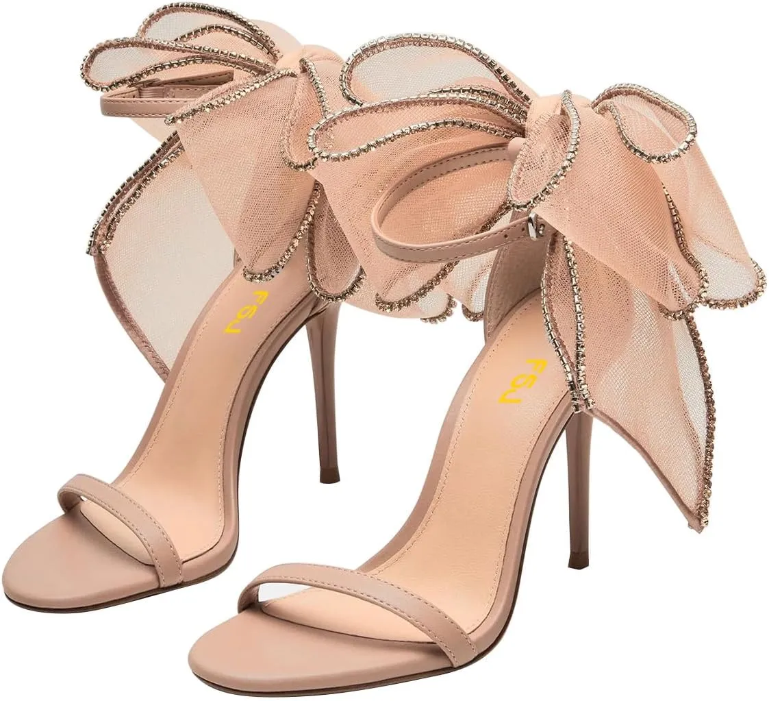 FSJ Women Cute Bow Heeled Sandals Open Toe Stiletto Heels One Strap Bridal Wedding Mesh Rhinestone Pearl Bow Knot Dress Shoes Size 4-16 US