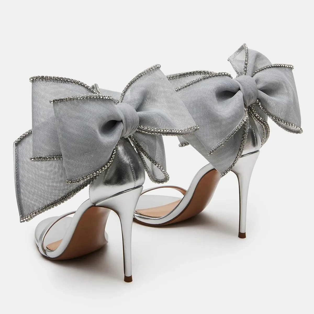 FSJ Women Cute Bow Heeled Sandals Open Toe Stiletto Heels One Strap Bridal Wedding Mesh Rhinestone Pearl Bow Knot Dress Shoes Size 4-16 US