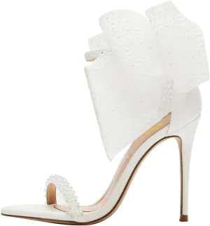 FSJ Women Cute Bow Heeled Sandals Open Toe Stiletto Heels One Strap Bridal Wedding Mesh Rhinestone Pearl Bow Knot Dress Shoes Size 4-16 US