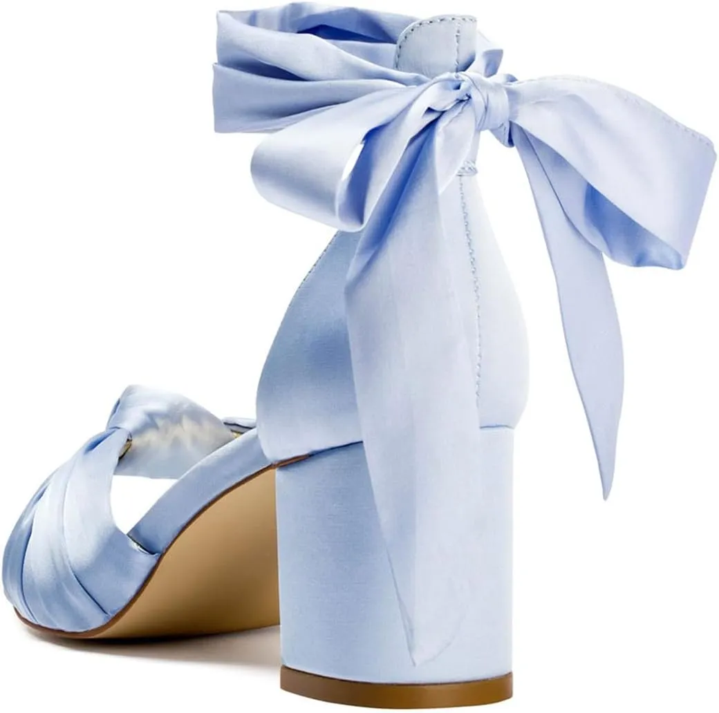 FSJ Women Lace Up Chunky Heel Strappy Sandals Square Open Toe Knot Comfortable Tie Up Block Heel Satin Bride Wedding Dress Shoes Size 4-16 US