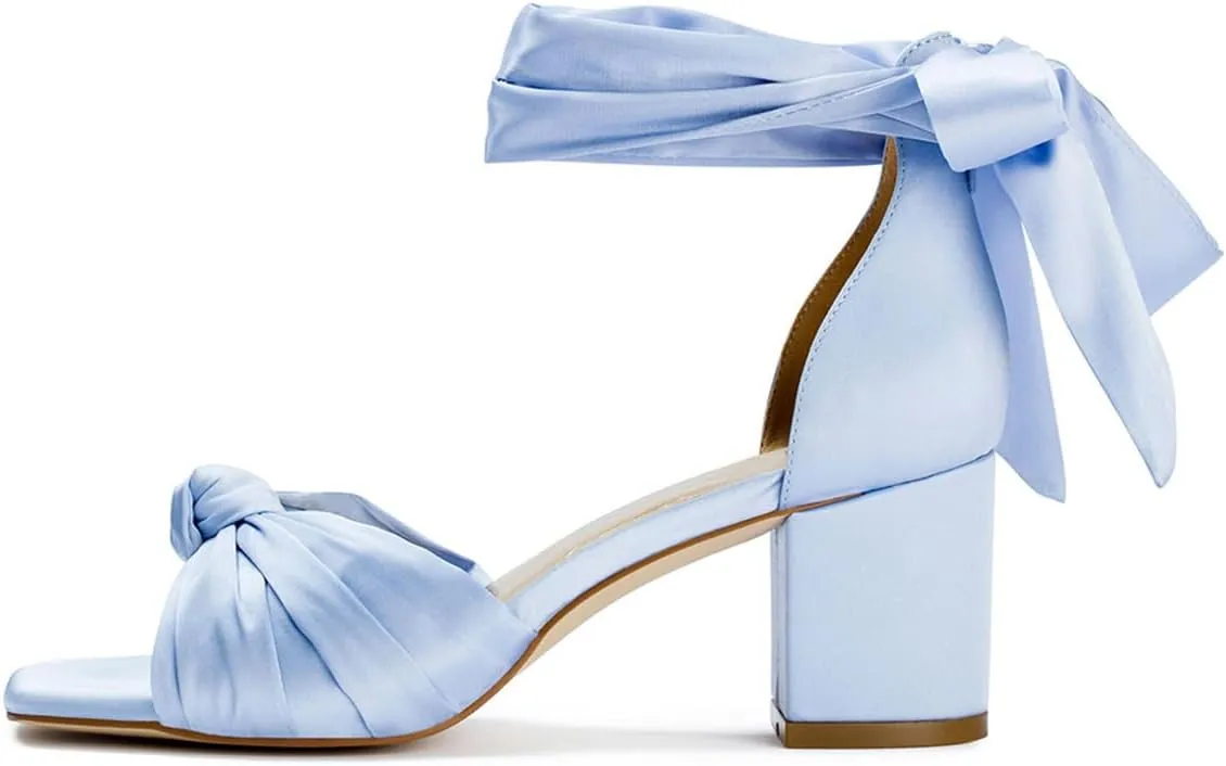 FSJ Women Lace Up Chunky Heel Strappy Sandals Square Open Toe Knot Comfortable Tie Up Block Heel Satin Bride Wedding Dress Shoes Size 4-16 US